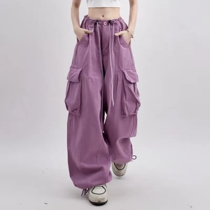 

Petite American Retro Purple Cargo Pants Women High Street Style High Waist Slimming Loose Straight Wide Leg Floor-Length Pa