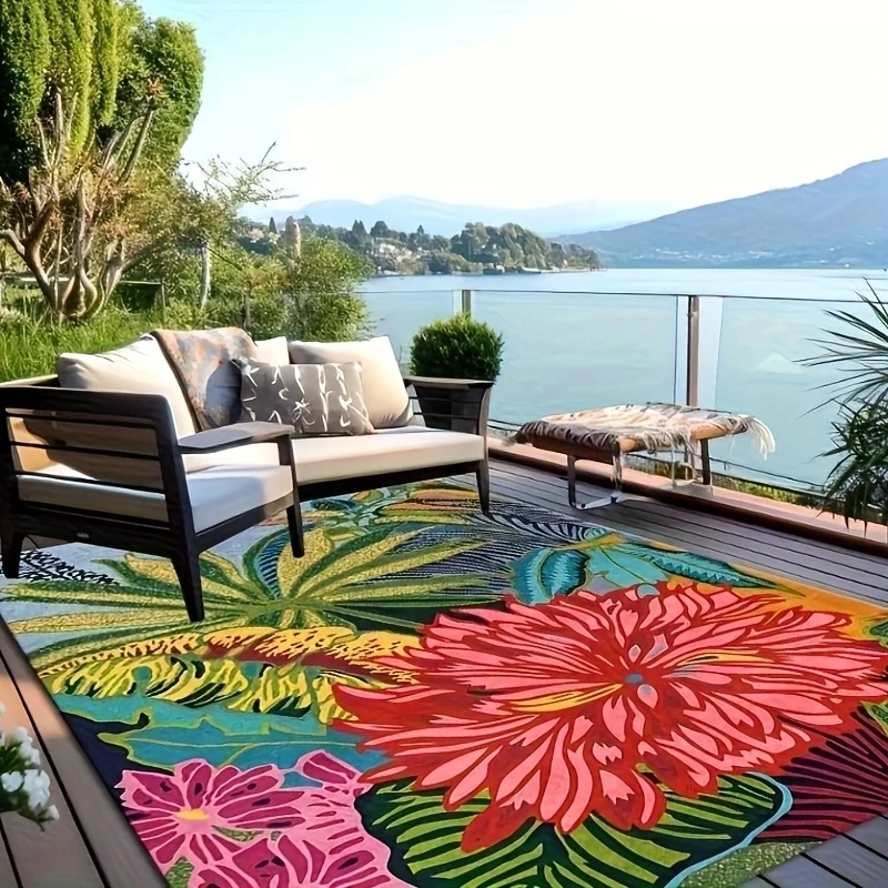 VIKAMA Tropical Flower Outdoor Carpet Spring and Summer Patio RV Picnic Carpet Easy-to-Clean Living Room Floor Mat Home Decor