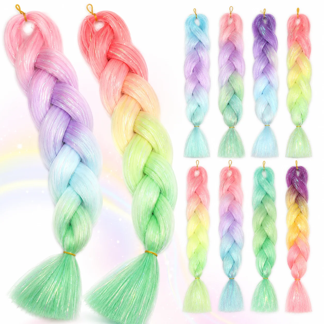 Rainbow Kanekalon Pre-Stretched Jumbo Braiding Hair Ombre Sparkle Synthetic Crochet Hair Extensions for Women Party Festival