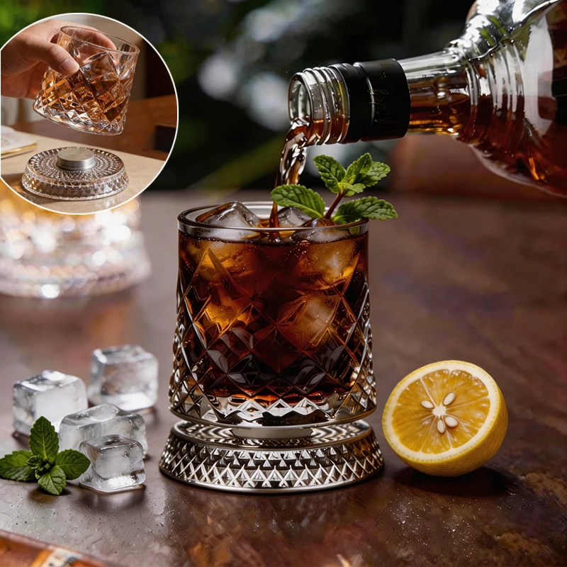 Vasos de Whisky Giratorios de 280 ml con Base de Cristal, Copa de Cristal para Ron, para Cócteles, Cerveza, Vino y Otras Bebidas