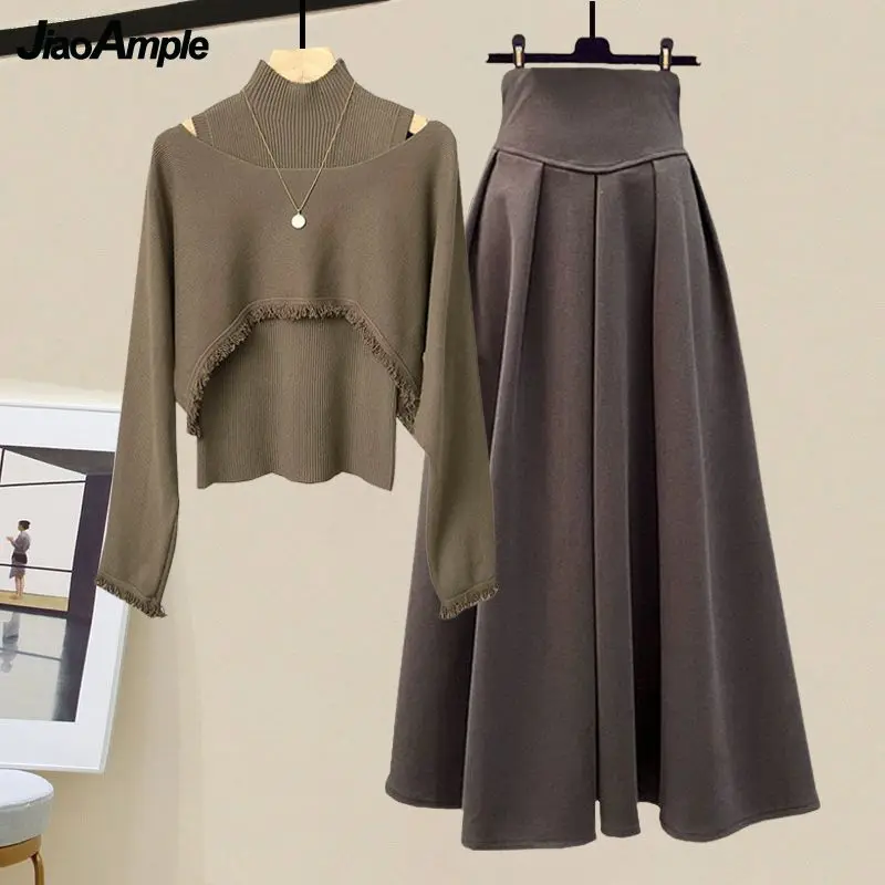 2024 Spring Autumn New Korean Elegant Knit Tassel Cover Up+Half High Collar Bottom Sweater+Midi Skirt 3 Piece Women Dress Suit