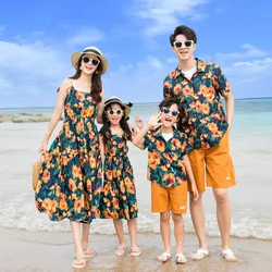 2026 Summer Beach Vacation Family Matching Outfits Floral Shirts Mom Daughter Strap Dresses Holiday Travel Family Couple Look