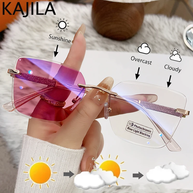

Square Rimless Change Color Sunglasses Women 2025 Luxury Brand Vintage Anti Blue Light Eyewear Computer Shades Glasses For Lady