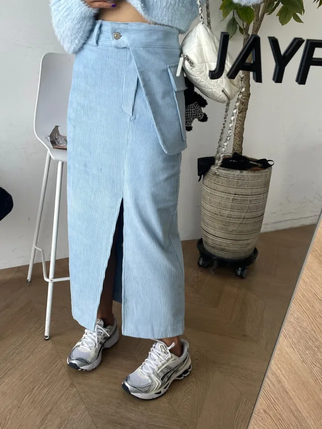 

High Waist Corduroy Asymmetrical Midi Skirt A-Line Split Design Coverage Hip Straight Cut Women's Commuter Sle Skirts