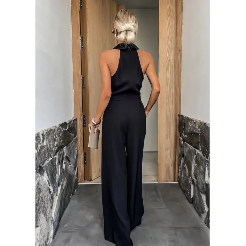 2025 neue Sommer Frauen Elegante Taille Halter Overall Mode Einfarbig Ärmellose Hohe Taille Breite Bein Lange Hosen Frauen Kleidung