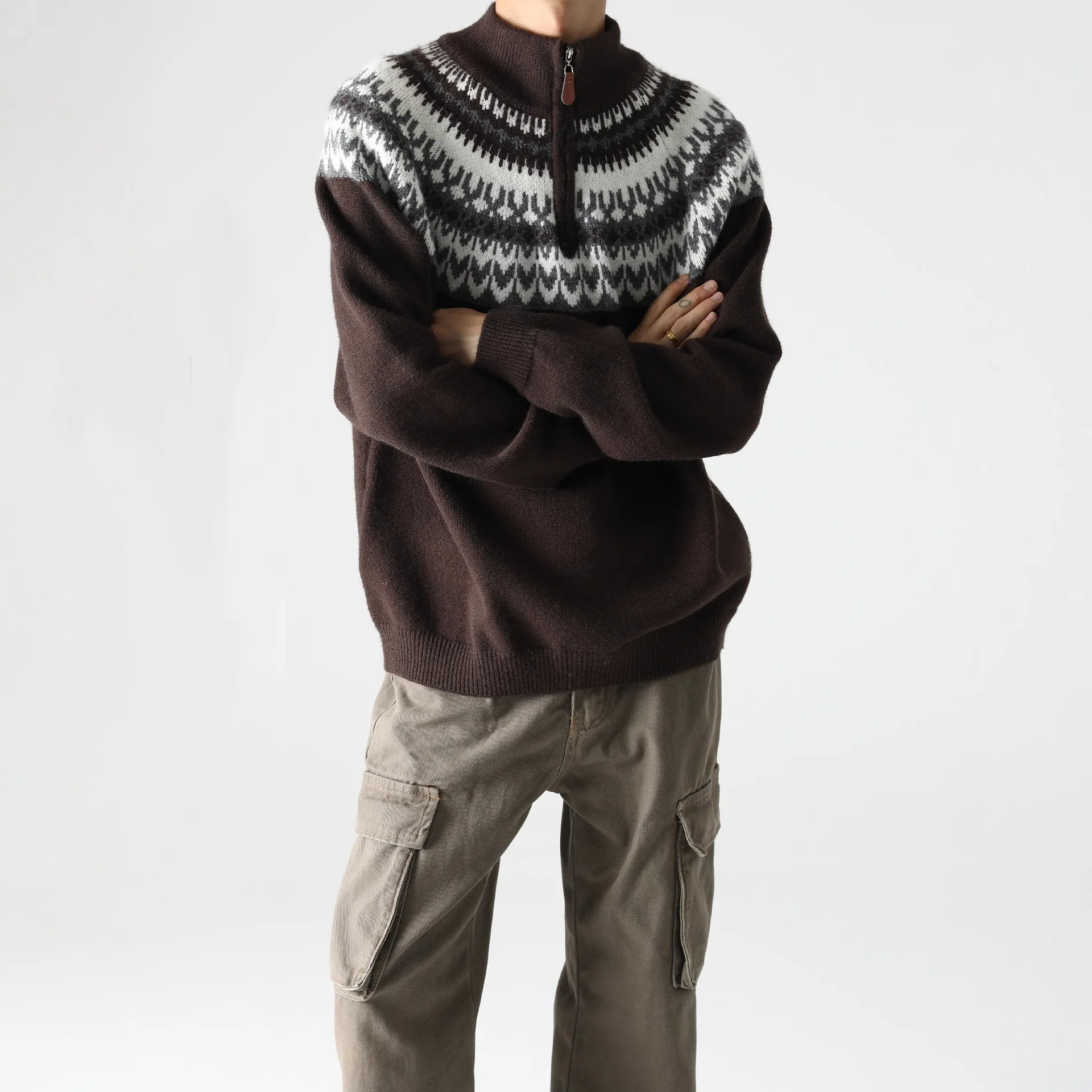 

Мужской вязаный базовый слой, зима 2025 года, вязаный свитер в стиле ретро Fair Isle, унисекс, большой свитер с воротником-стойкой на молнии для пар