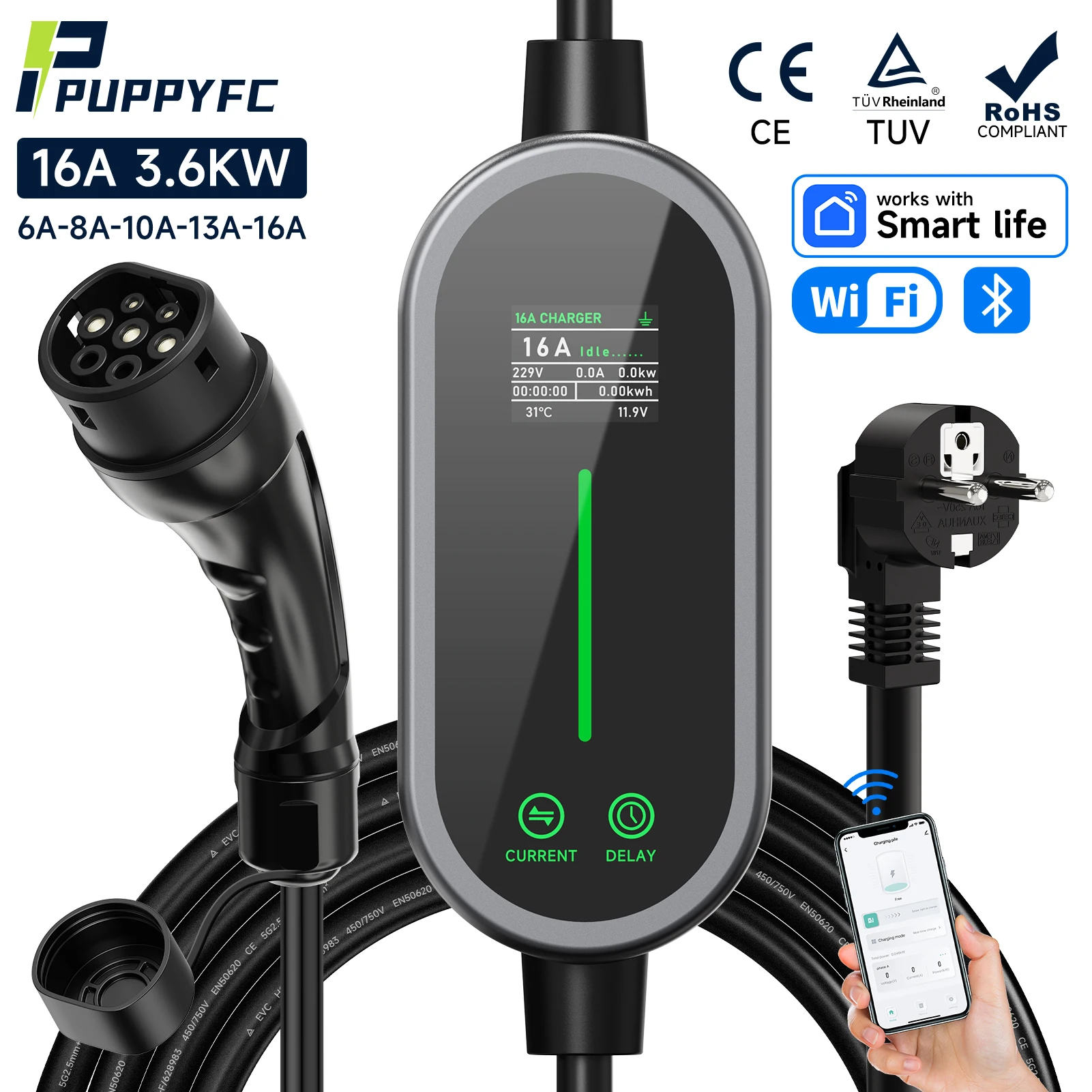 

Puppyfc 3.5KW Portable EV Charger Type1/GBT Plug 16A Smart WiFi Bluetooth Control Type2 Fast Charging Cable for Electric Car