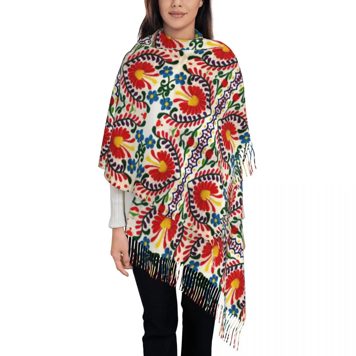

Fashion Mexican Flowers Tassel Scarf Women Winter Warm Shawl Wrap Ladies Scarves