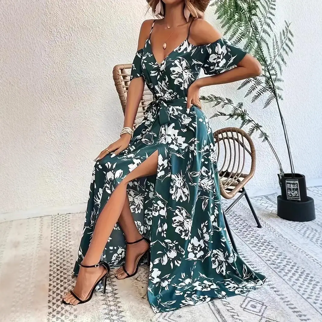 섹시한 스트랩 비대칭 롱 플로럴 프린트 비치 드레스 여성 크로스보더 의류 탄력 있는 허리 나일론 코사이트 섬유...