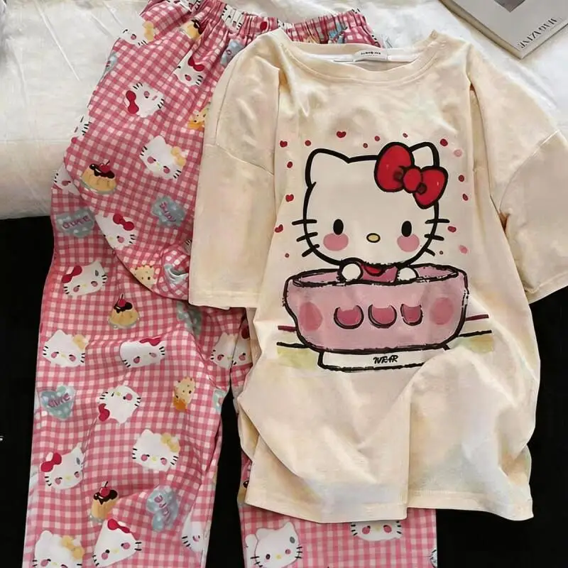 Hello Kitty Summer New Sweet Pajamas Women's Large Size Short-Sleeved Trousers Suit Outer Wear Comfortable Home Clothes Cute