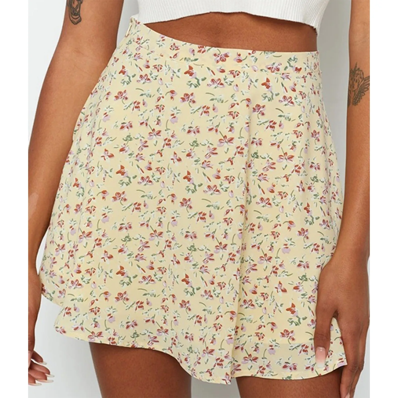 Ladies Summer casual floral skirt Casual Fashion Sexy Floral Skirts Versatile Retro Mini Skirt  High waist Side zipper saia