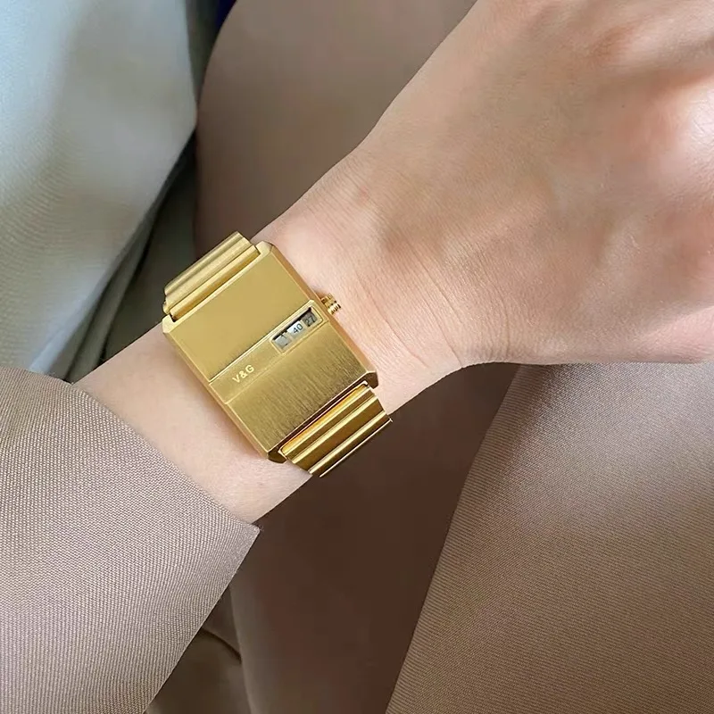 V&G Luxury Watch for Women Gold Quartz Watches Unusual Rectangle Square Stainless Steel Reloj Clock Ladies Original Wristwatch