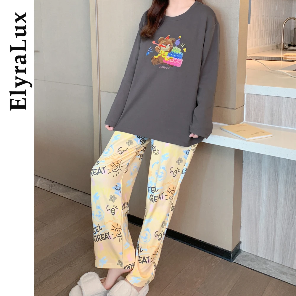 

ElyraLux весенне-осенние новые женские корейские пижамы, комплект домашней одежды для девочек и студентов, пижамы с длинными рукавами для пожилых людей, домашняя одежда