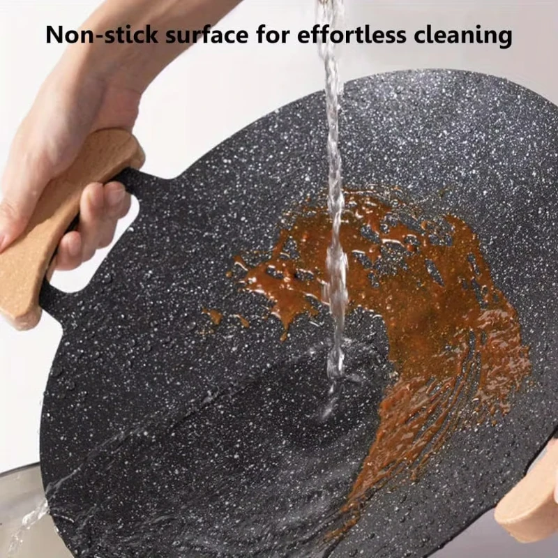 

1pcs Versatile non-stick Korean barbecue plate with 2 wooden handles suitable for indoor and outdoor cooking