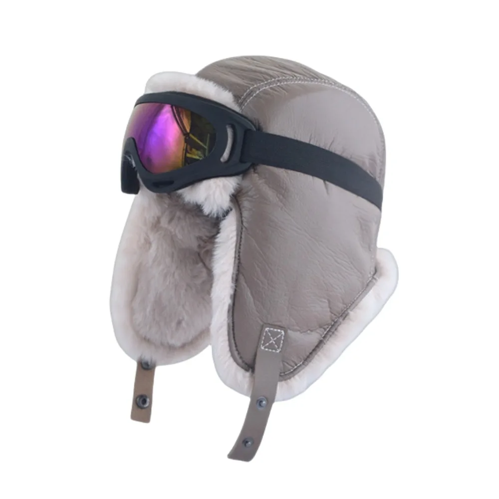 

Windproof PU Leather Ski Cap with Glasses Cute Soft Kids Plush Pilot Hat Earmuff Warm Streetwear