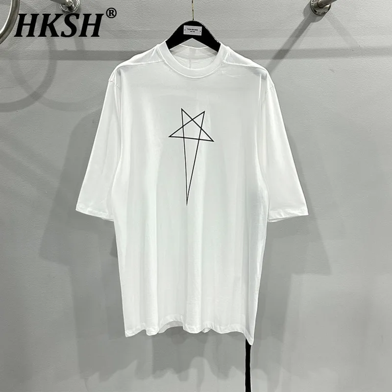 

HKSH Spring Summer New Men's Tide Dark Cotton Form Five Star Printed Pattern Cotton T-shirts Half Sleeve Women Chic Tees HK2006