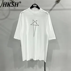 HKSH Spring Summer New Men's Tide Dark Cotton Form Five Star Printed Pattern Cotton T-shirts Half Sleeve Women Chic Tees HK2006