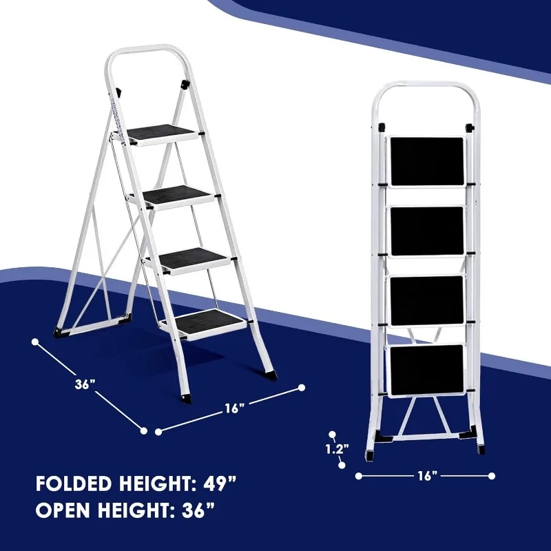 4 Step Alloy Steel Folding Stool Portable Ladder with Hand Grip and Secure Locking Mechanism for Indoor or Outdoor Use, White