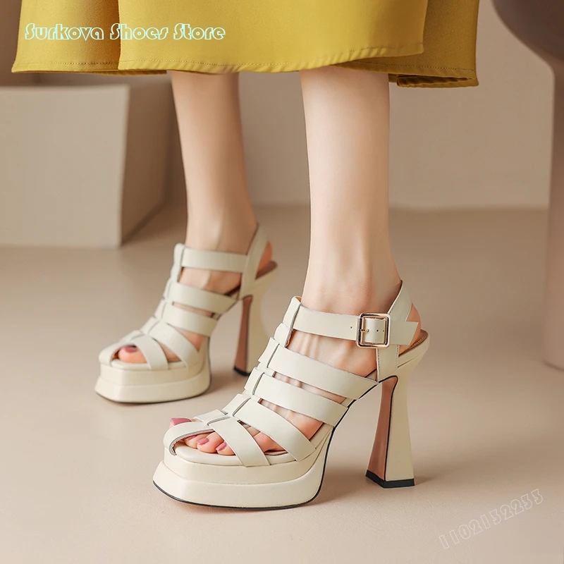 

Surkova Gladiator Platform Square Heel T-tied Sandals 2024 Summer Leisure Buckle Strap Footwear Solid Women Leather Rome Shoes