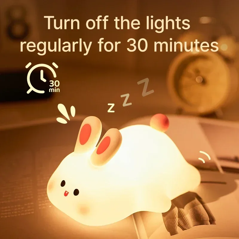 Rabbit Silicone LED Night Light USB Rechargeable Timing Bedside Sleeping Pat Lamp Desktop Decorative Lamp Birthday Present Gifts