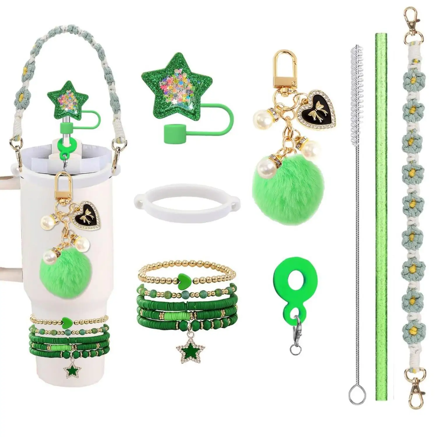 Stylish Carrying Strap Pendants with Silicone Flower Straw Caps Fluffy Pom-Pom Pendants Cup Chains Soft Clay Elastic Wrist Acces