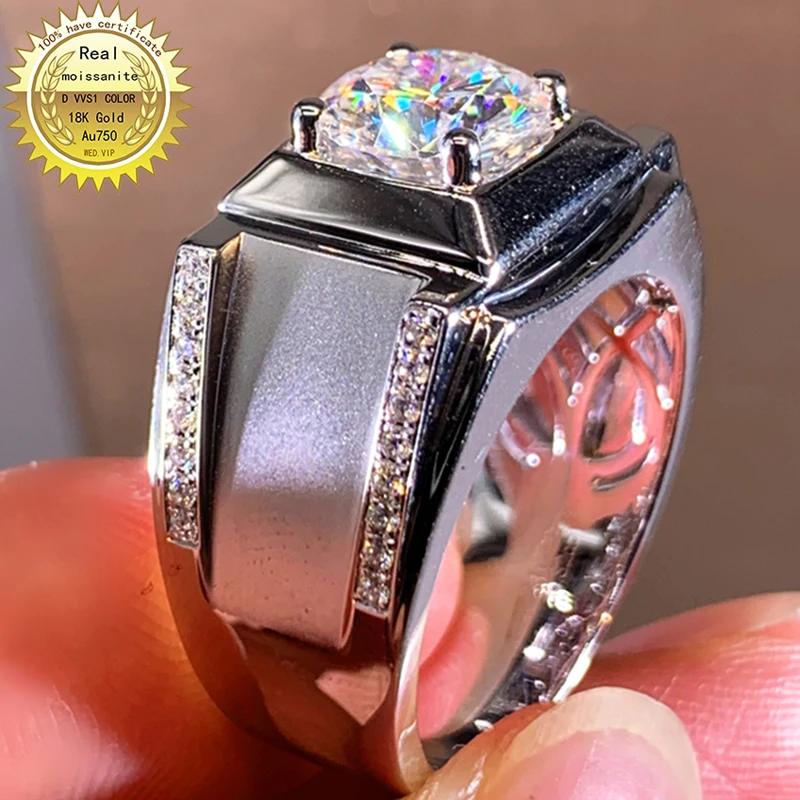 

Solid 9K Au375 White Gold Men Ring DVVS1 Moissanite Diamonds 3Carat Round Wedding Party Engagement Anniversary Ring