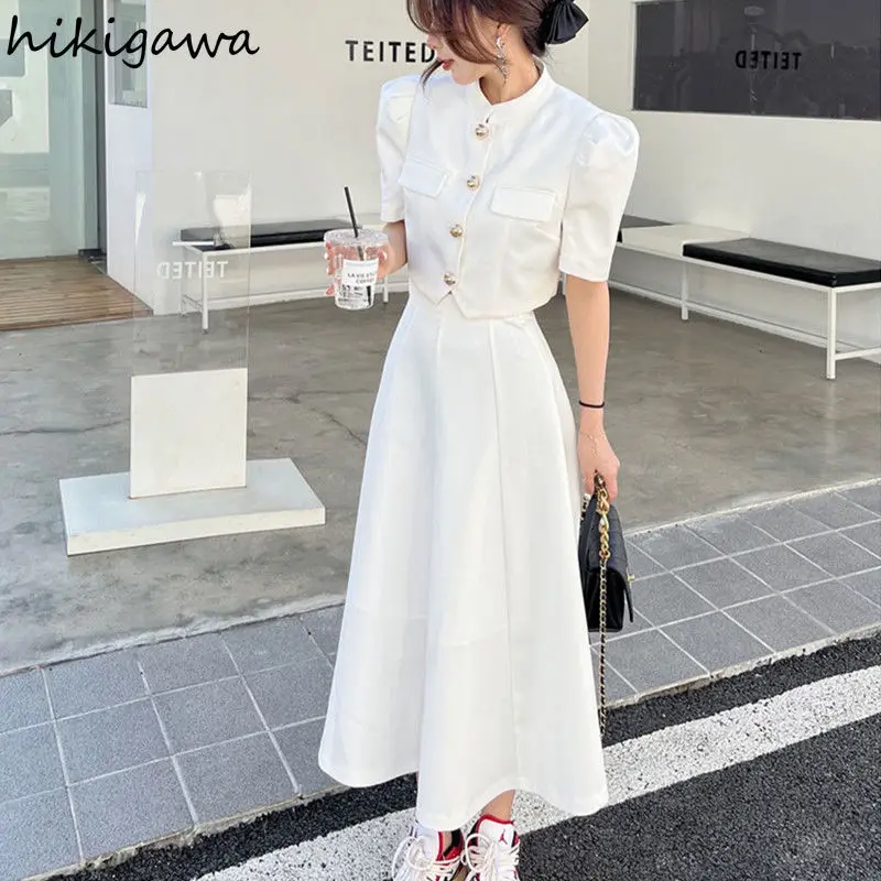 Conjuntos Para Mujeres 2 Piezas Summer Skirts for Women Puff Sleeve Stand Tunic Tops High Waist A-line Skirt Suit Korean Outfits