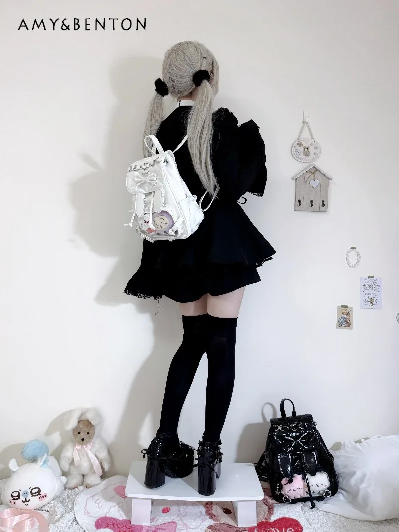 Japanese Lolita Mine Series Lace Bunny Ear Backpack Small Capacity Itabag Women Cute Bow Heart Rhinestone Buckle Kawaii Backpack