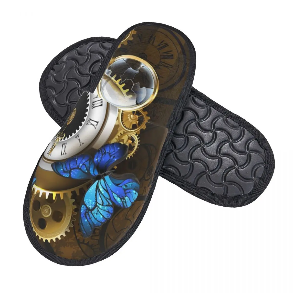 Silver Watches With Blue Butterflies Guest Slippers for Bathroom Women Custom Print Steampunk House Slipper