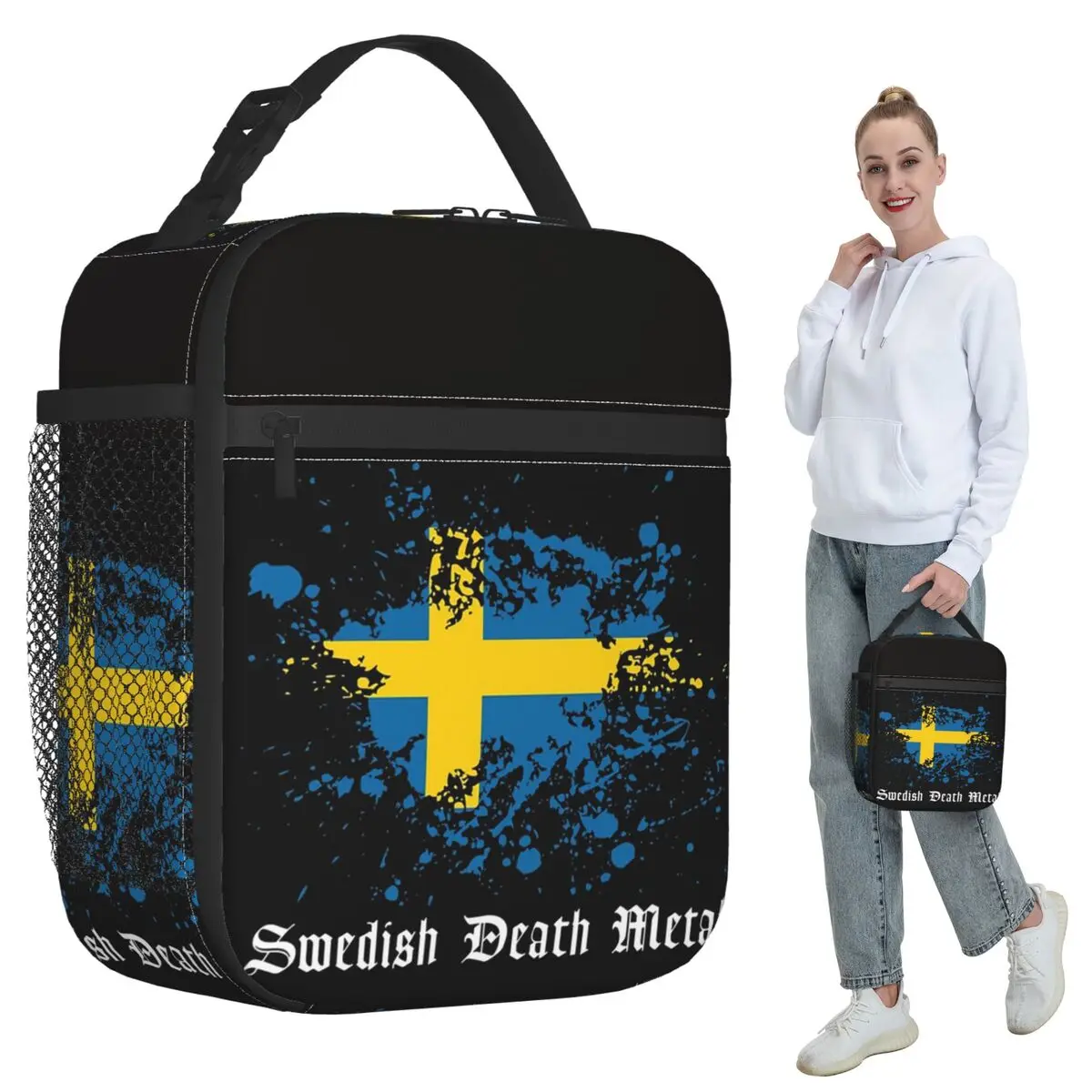 

Swedish Death Metal Band Black Heavy Sweden Flag Insulated Lunch Bag Cooler Thermal FoodBox Tote Leakproof Lunch Boxes Container