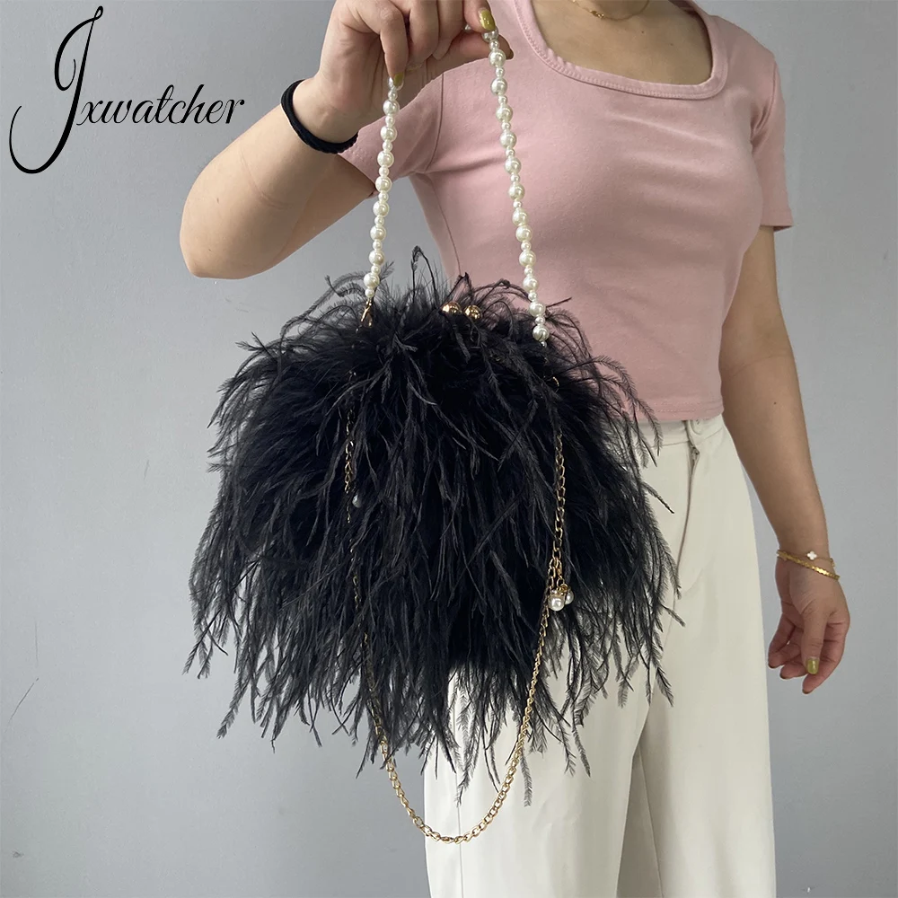 Jxwatcher Designer Ostrich Feather Wallet Evening Party Handbag Women Wedding Clutch Bags Lady Fashion Chain Shoulder Bag Purse