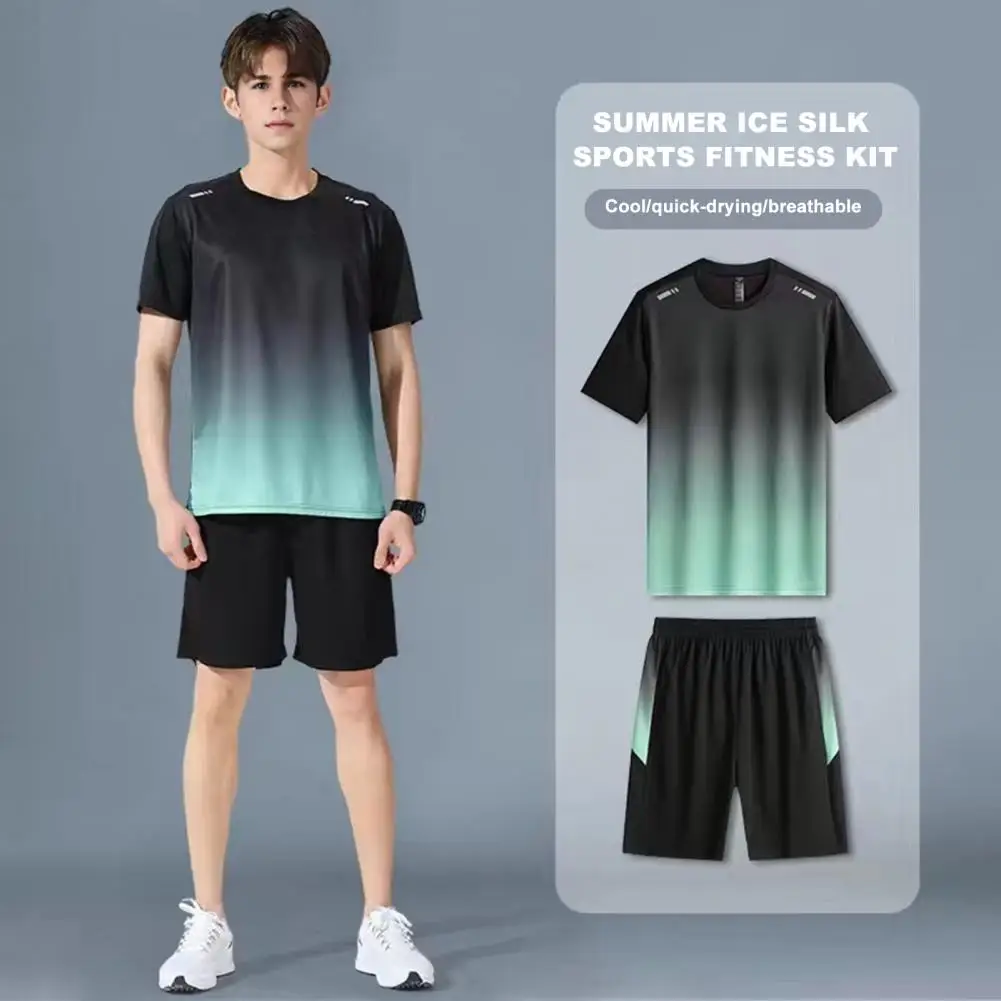 Breathable Sportswear Gradient Color Men's Sportswear Set Stylish Round Neck T-shirt Wide Leg Shorts for Fitness for Comfort