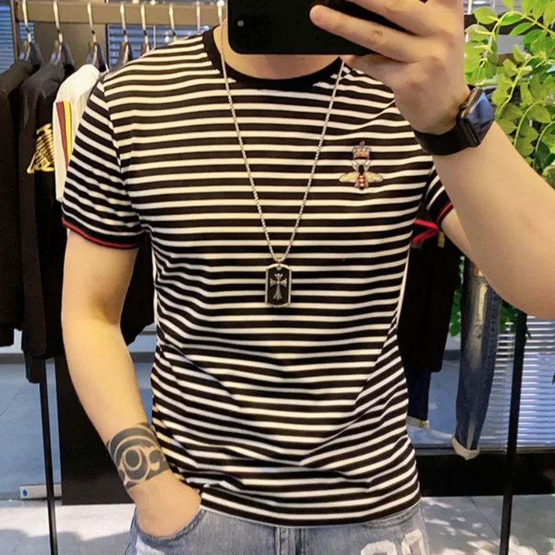 Clothes Cotton Vintage Mens Tee Shirts Goth Top Summer Men\'s T-shirt Striped Streetwear Embroidery Smooth Grunge Heather Basic S