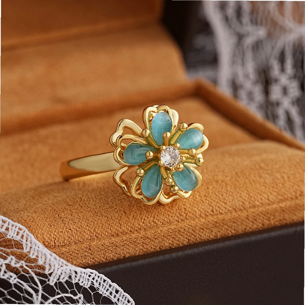 360° Rotating Blue Opal Ring for Women, Gold Plated Open Adjustable Ring with Zircon