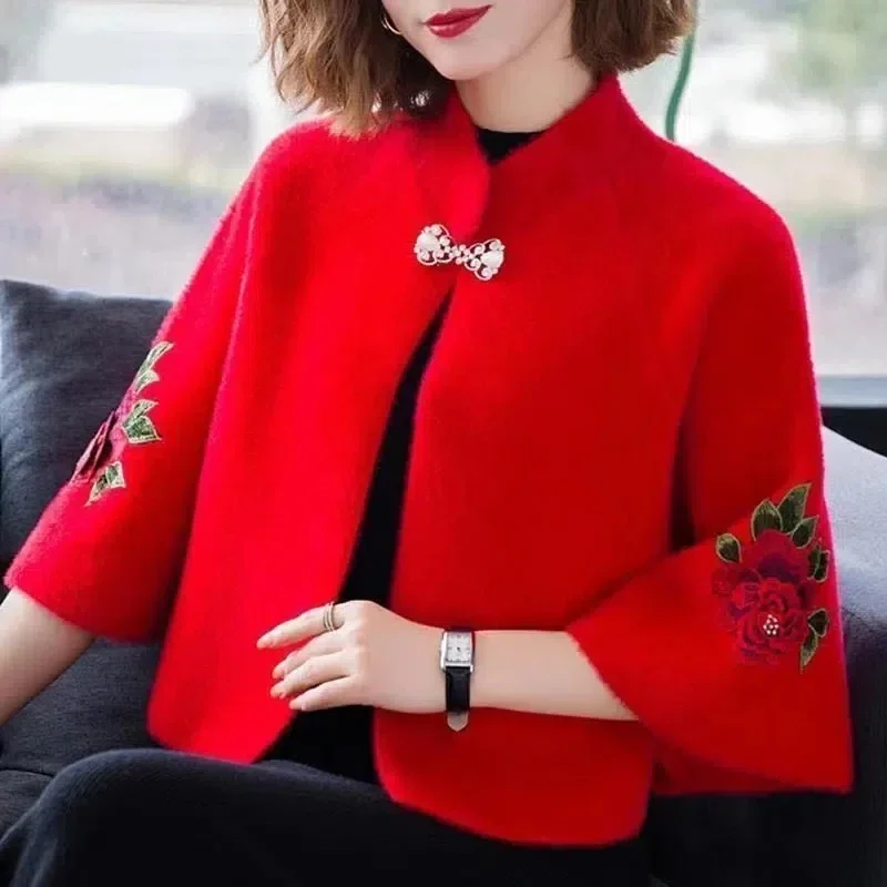 Imitation Mink Velvet Coat Autumn Winter Embroidered Shawl Fashion Short Sweater Shawl Knitted Cardigan Jacket MT28