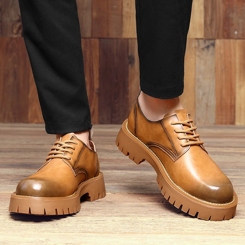 

Mens Brown Genuine Leather Lace Up Chunky Platform Oxford Shoes Casual Business Formal Daily Breathable And Non-Slip Simple