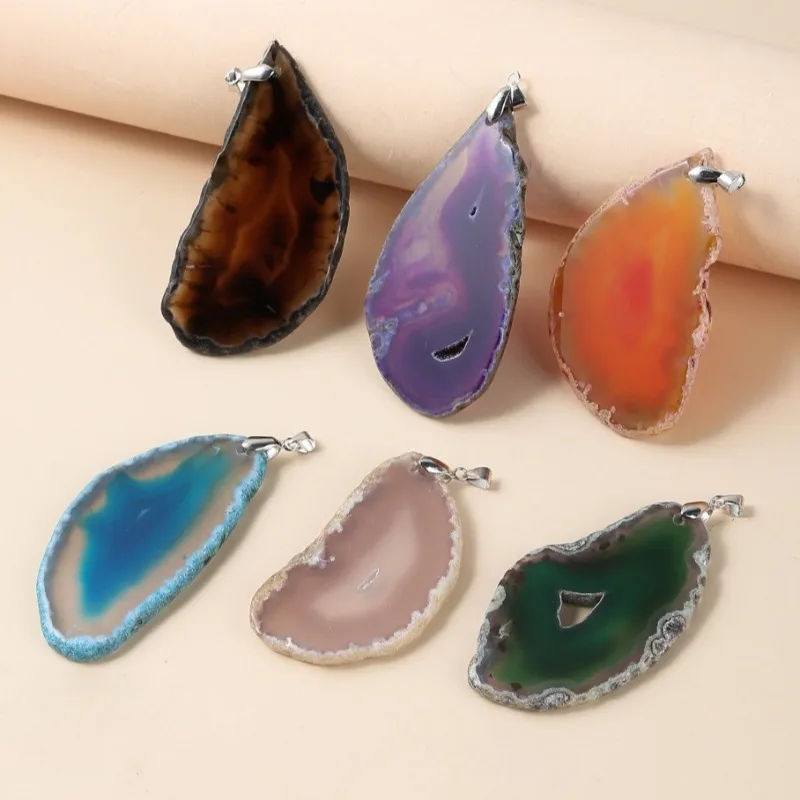Colorful Irregular Raw Agate Slice Pendants Polished Stone Slab Charms for DIY Necklace Jewelry Making Wholesale 6pcs
