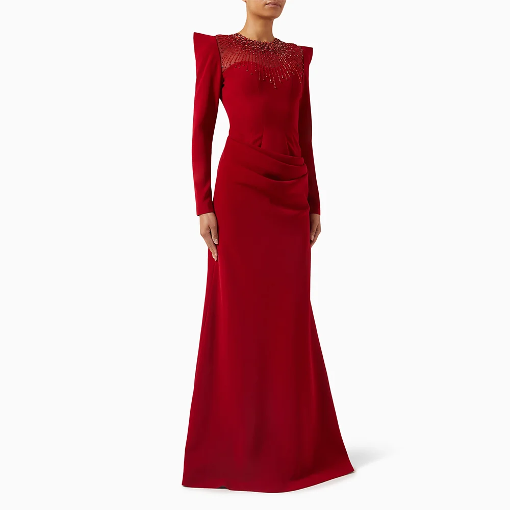 

Luxury Prom Gowns Customized O-neck Jersey Mermaid Floor Length Evening Dress with Fashion Beads Wedding Guest Party Dress