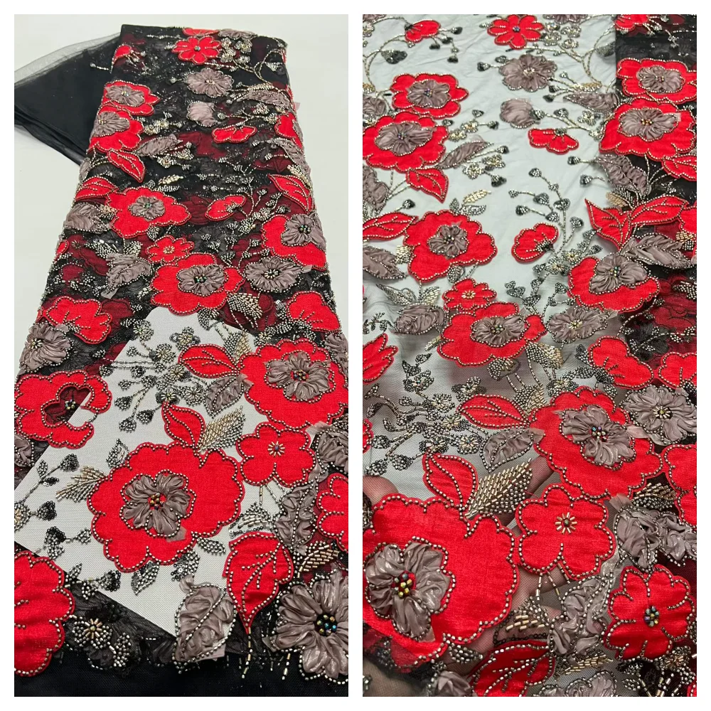 

2026 Fashion French Mesh 3D Flowers Embroidery Bead Lace Fabric With Sequins African Nigerian Fabric For Wedding Dress