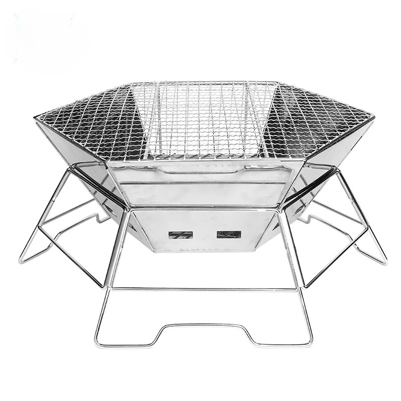 

Outdoor Stainless Steel BBQ Grill, Portable Hexagonal Wood Fire, Charcoal Stove