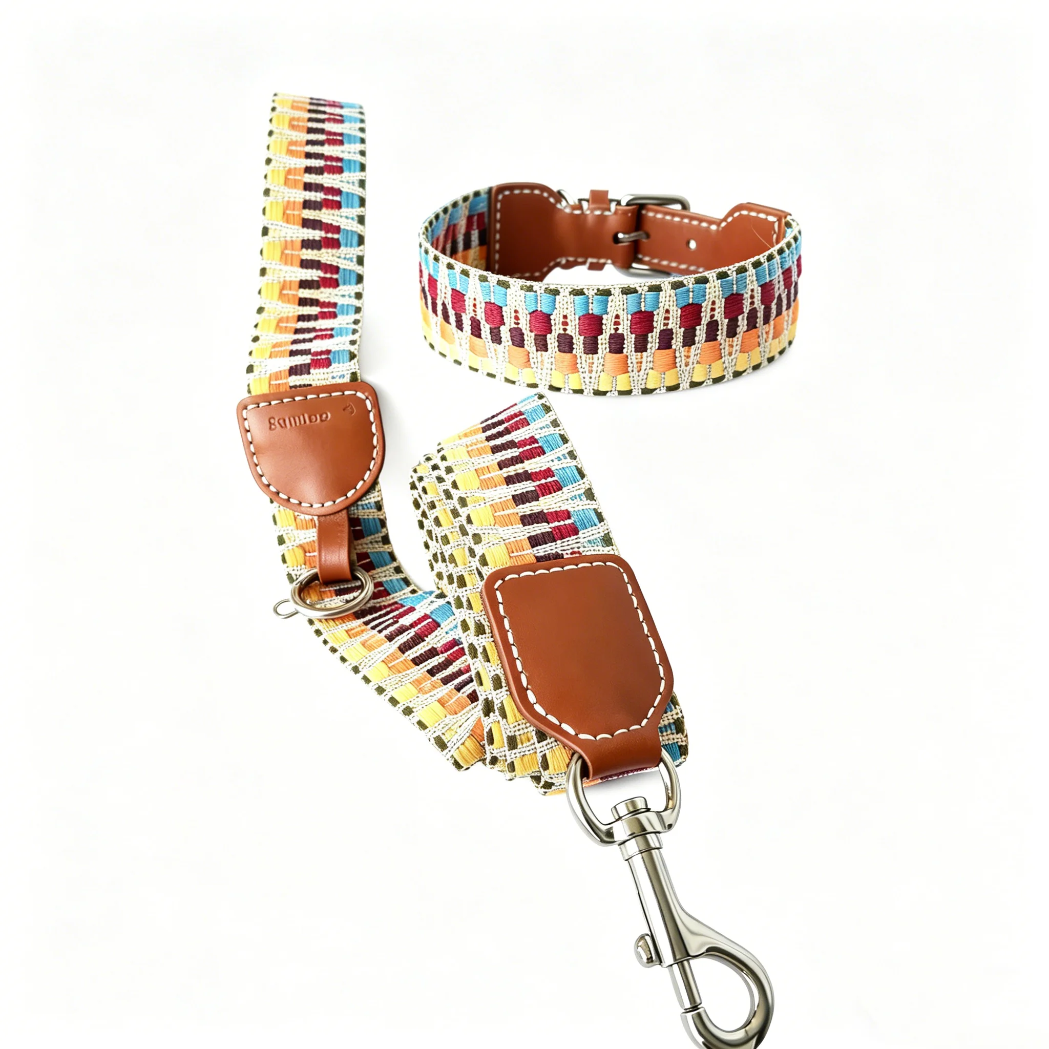 Bohemian Hand Woven Dog Collar 3.8CM Wide Genuine Leather dog collar Soft Cotton Webbing Heavy Duty Pet Walking Leash