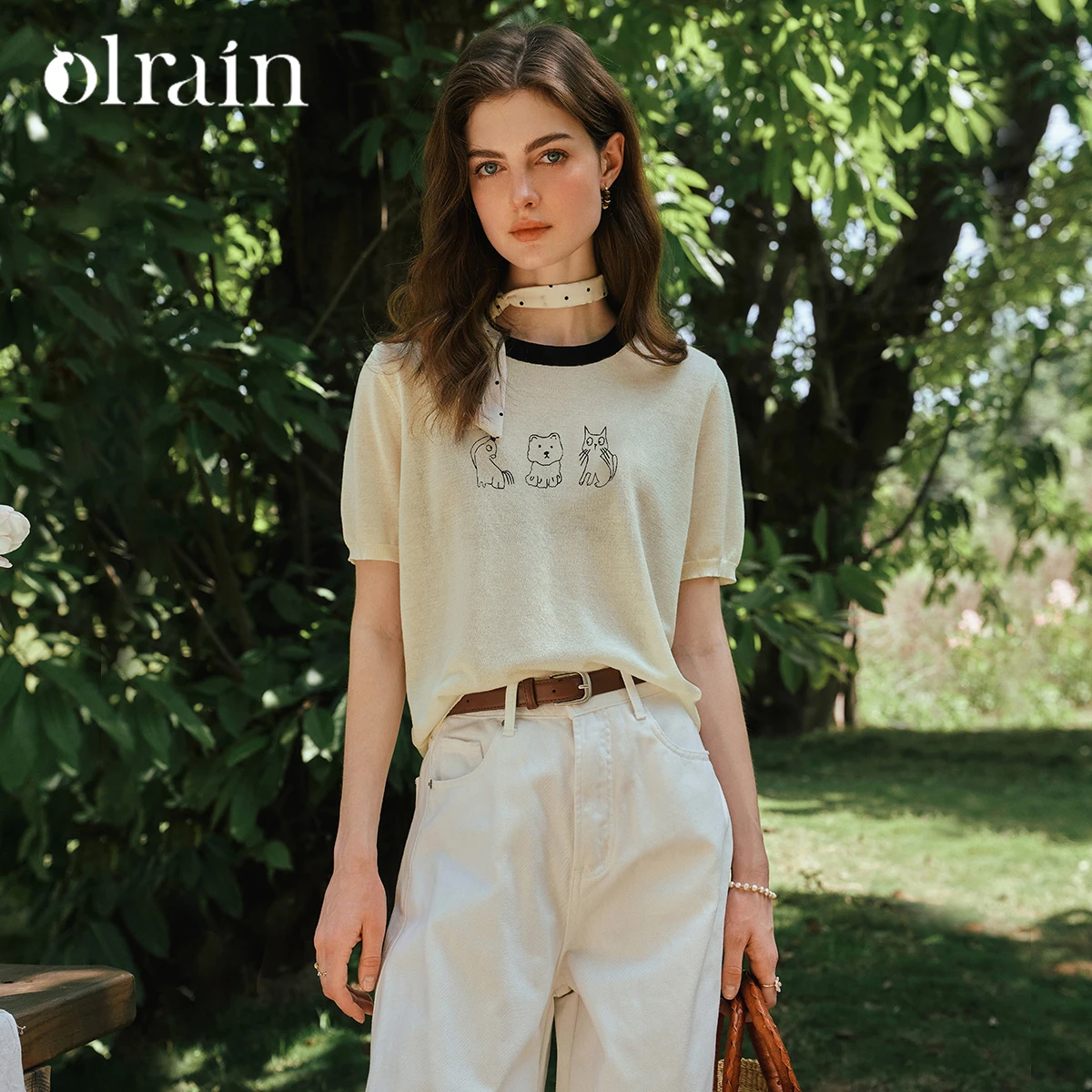 

OLrain Women's Summer 2026 Casual O-neck Contrasting Combined Woman Apricot Knit Fun Embroidered Pullovers Femmes O57XZ99905