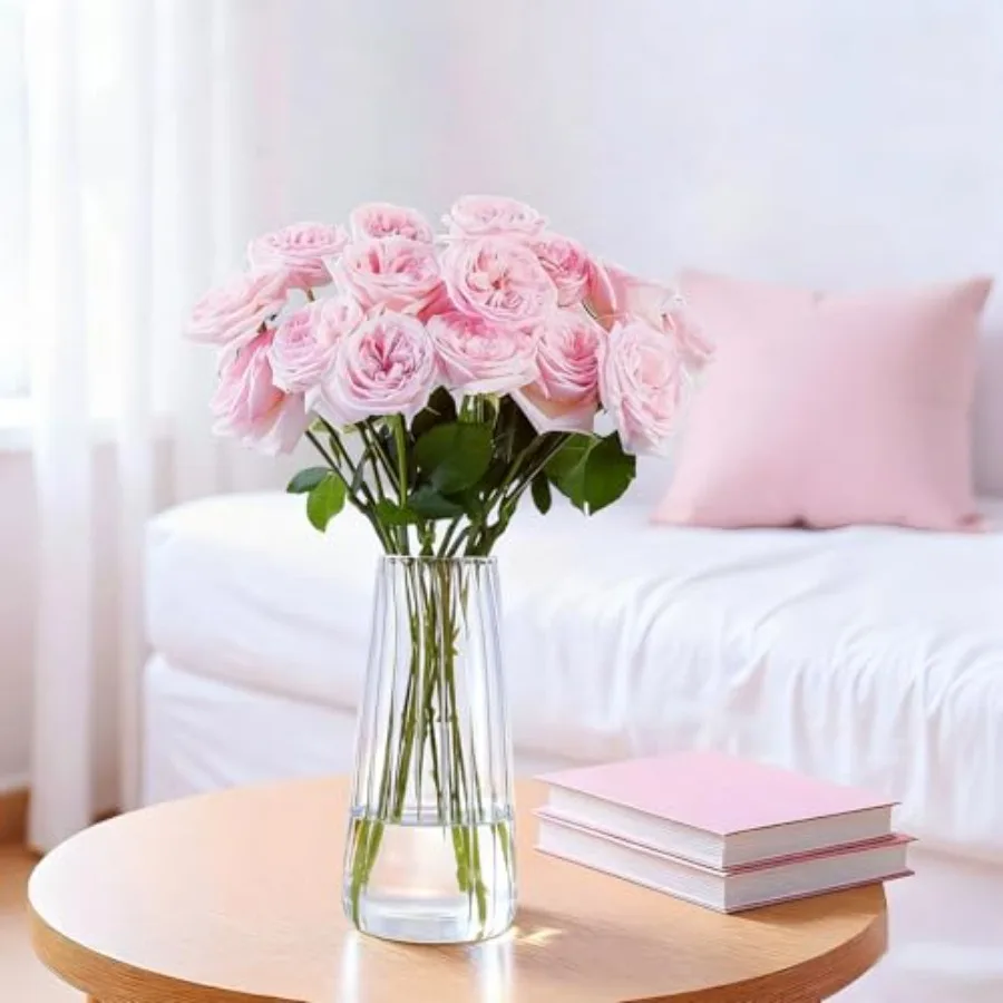 8.3in Glass Vase for Flowers, Ribbed Flower Vase for Table Centerpiece Wedding Home Decor, Modern Glass Vases for Living Room,