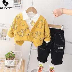 Boys Fashion Clothing Sets New 2023 Kids Spring Cartoon Bear Knit Cardigan Tops with Jeans Children Casual Three-piece Sets