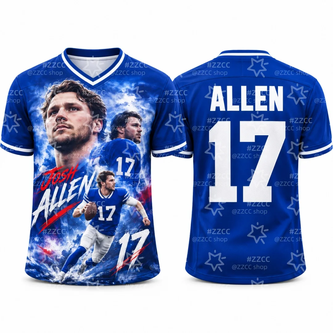 26-27 Men's #17 Josh Allen Football Jersey Sports Tee Quick Dry Fan Rugby Shirt For Game Day Women's T-Shirt Kid's Clothing ﻿