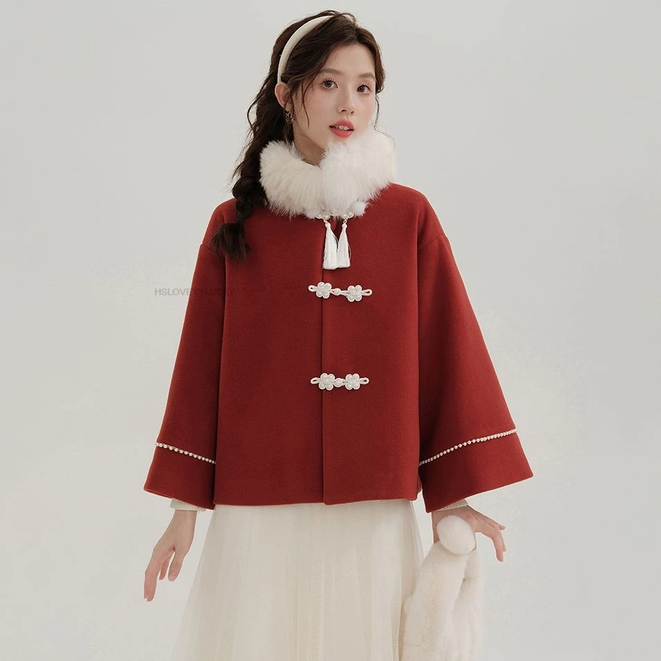 Wearing Red Wool Overcoat  Spring Festival Women Tangsuits Red Thicken Hanfu Blouse Chinese Vintage Clothing Thicken Tangsuits