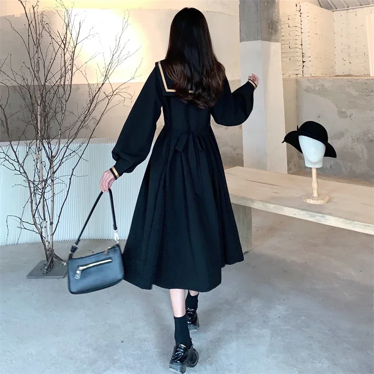 Navy Collar Long-sleeved Small Black Dress 2024 Autumn and Winter New Large Size Japanese College Style with Tie JK Dress