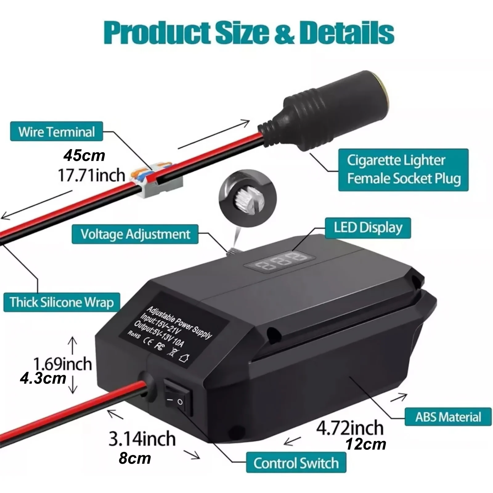DC 18V to 5-13V 10A Step Down Converter for Einhell Ozito Battery, Cigarette Lighter Adapter with Overcurrent Protection