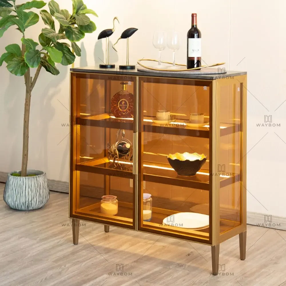 Modern Gold Antique French Restaurant Luxury Display Glass Living Room Aluminum Wine Cabinet Vitrine