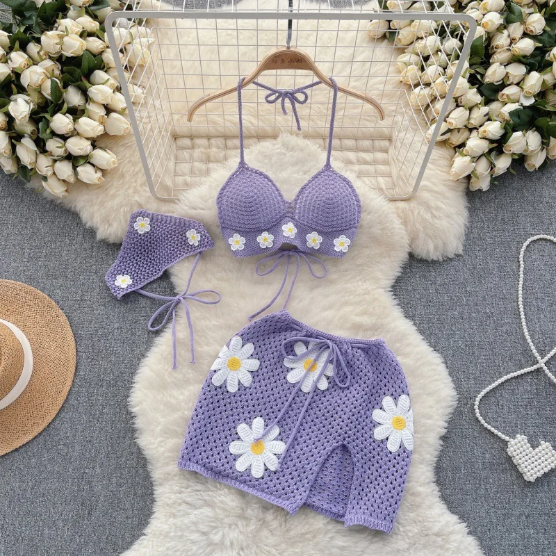 Knit Crochet Women Bikini Set Flower Patchwork Spaghetti Straps Mini Skirts Matching 3 Piece Set 2024 Summer Beach Bathing Suit